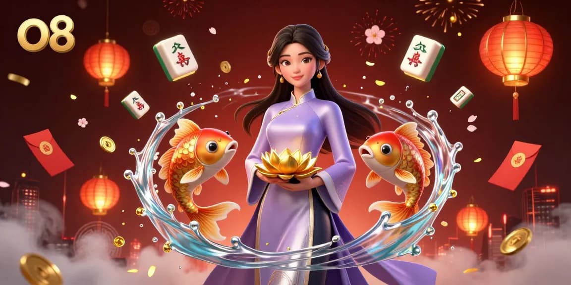 An engaging scene of o8 with a charming Asian woman, koi fish, mahjong elements, and casino game charm.