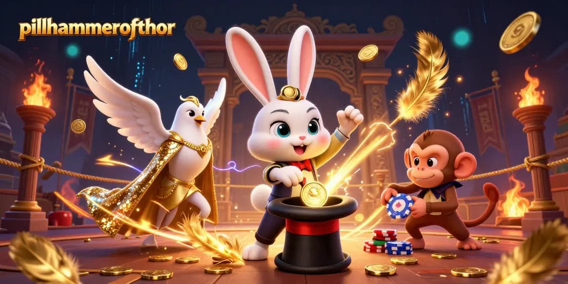 Pillhammerofthor menarik koin emas dari topi sambil dikelilingi karakter kasino lainnya, memperlihatkan keseruan bermain judi.
