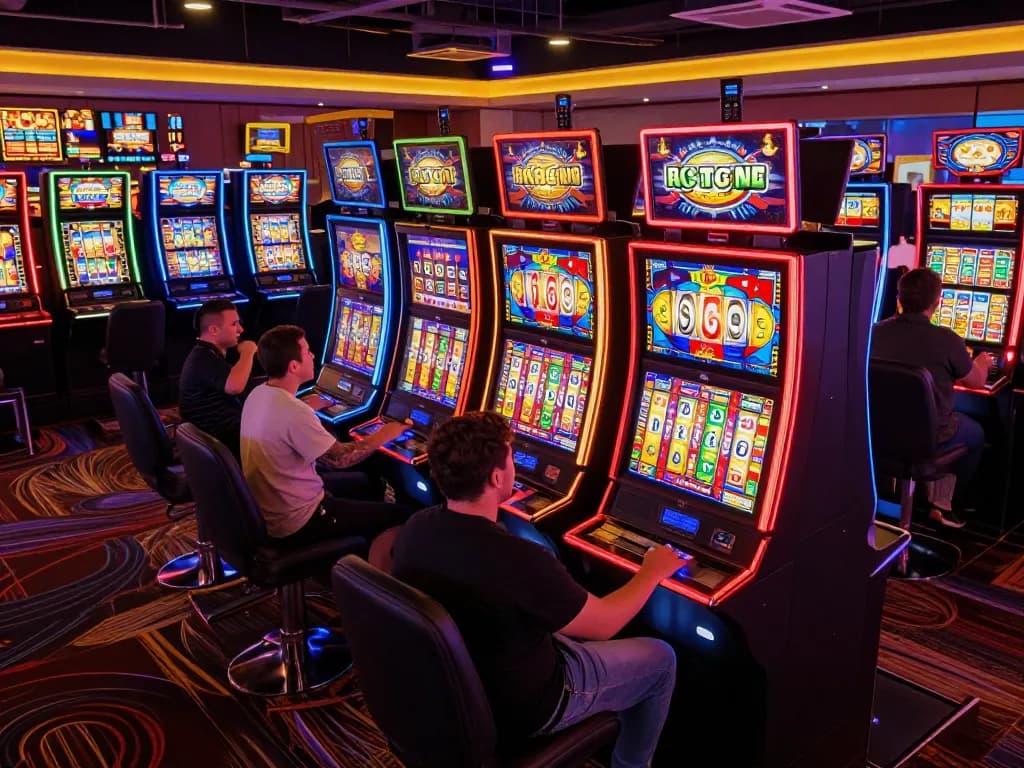Engaging scene of players enjoying a slot bet 200 at vibrant casino machines, showcasing casino excitement.