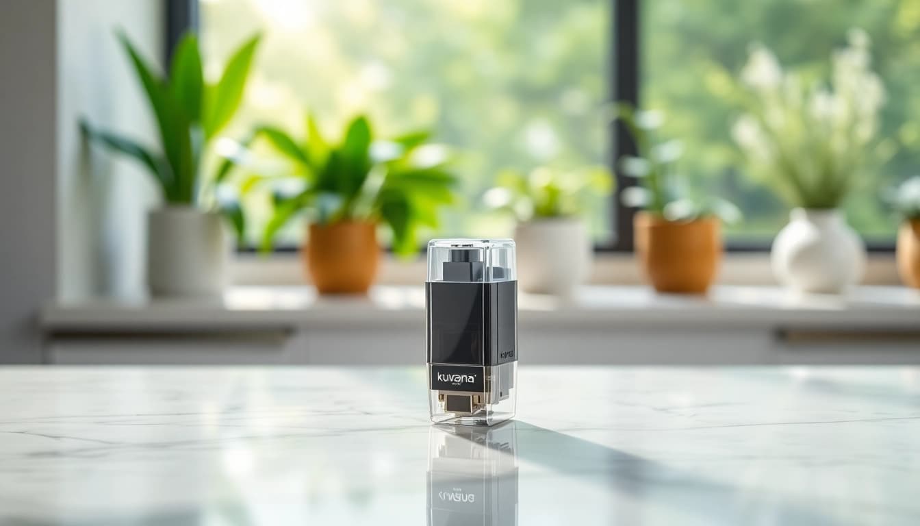 Showcasing a kurvana cartridge with elegant design against a serene natural backdrop.