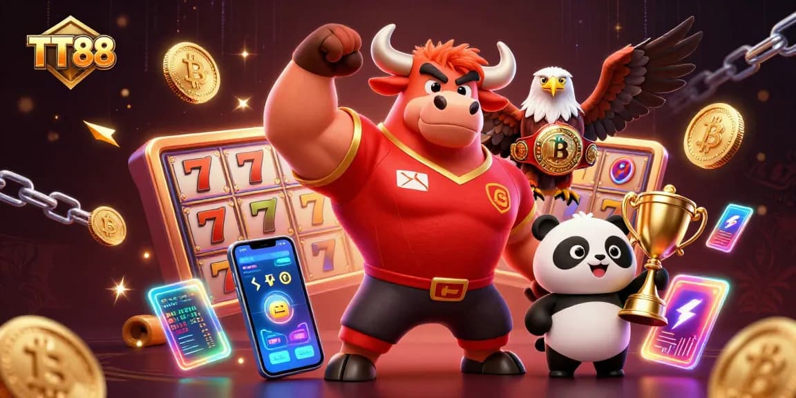 TT88 celebrates casino gaming with a cartoon bull, eagle, and panda surrounded by slots and crypto.