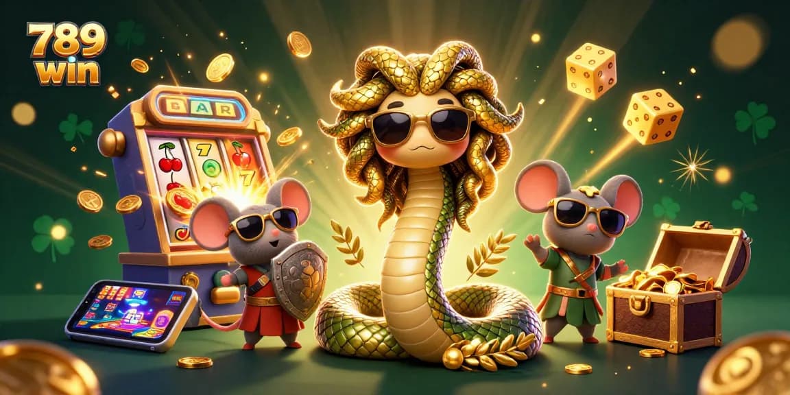 Engage in exciting 789 win gaming with vibrant scenes of slots, Medusa, and a warrior mouse.