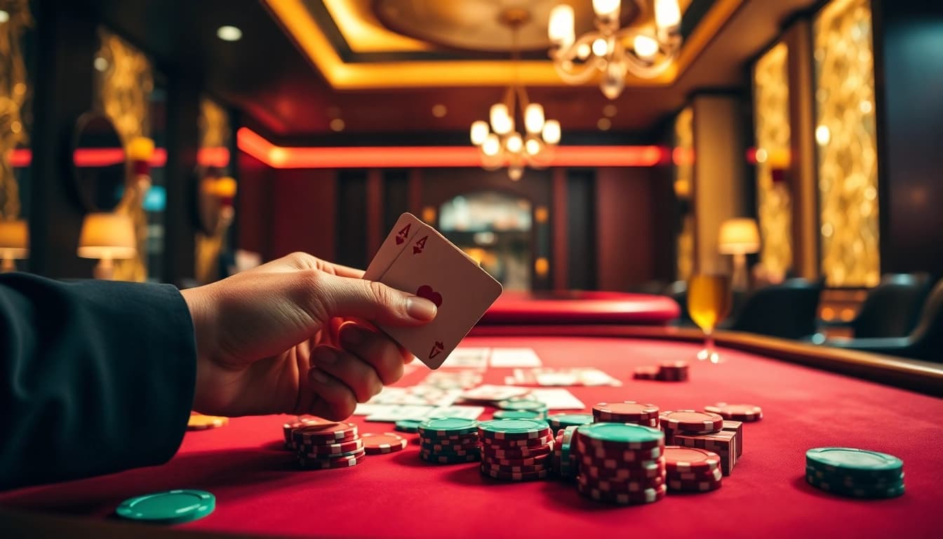 View player's hand holding cards at a casino table, emphasizing geekthc gaming excitement.
