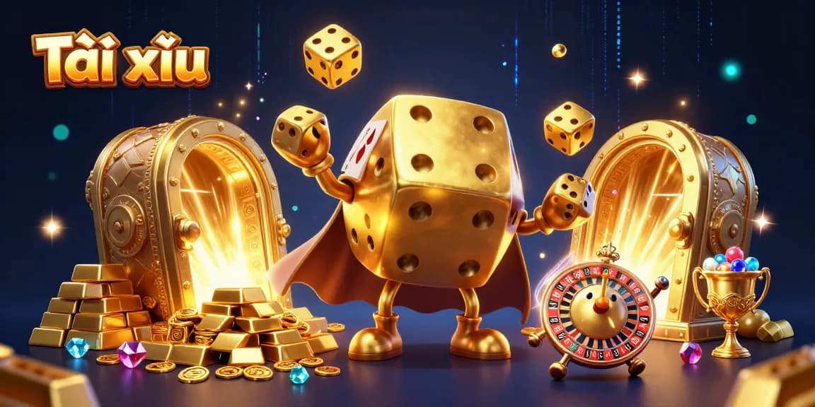 Play Tài xỉu with captivating golden dice golem juggling treasures in a vibrant casino scene.
