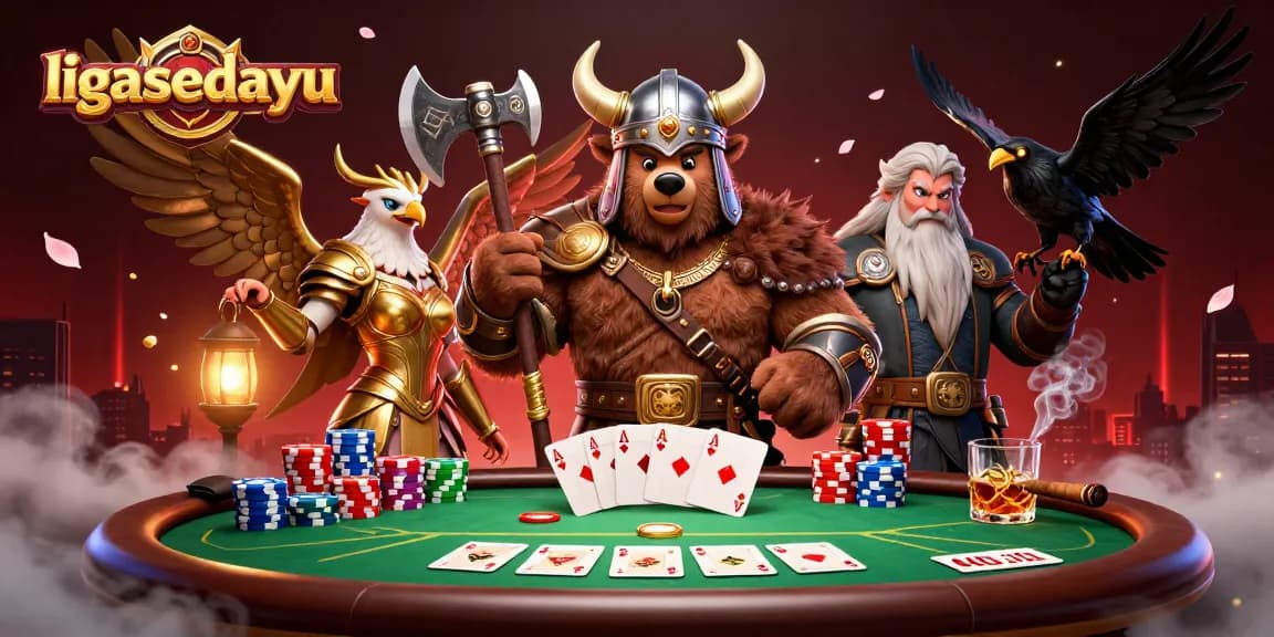 Experience thrilling poker action with ligasedayu featuring a Viking bear and a Valkyrie eagle.