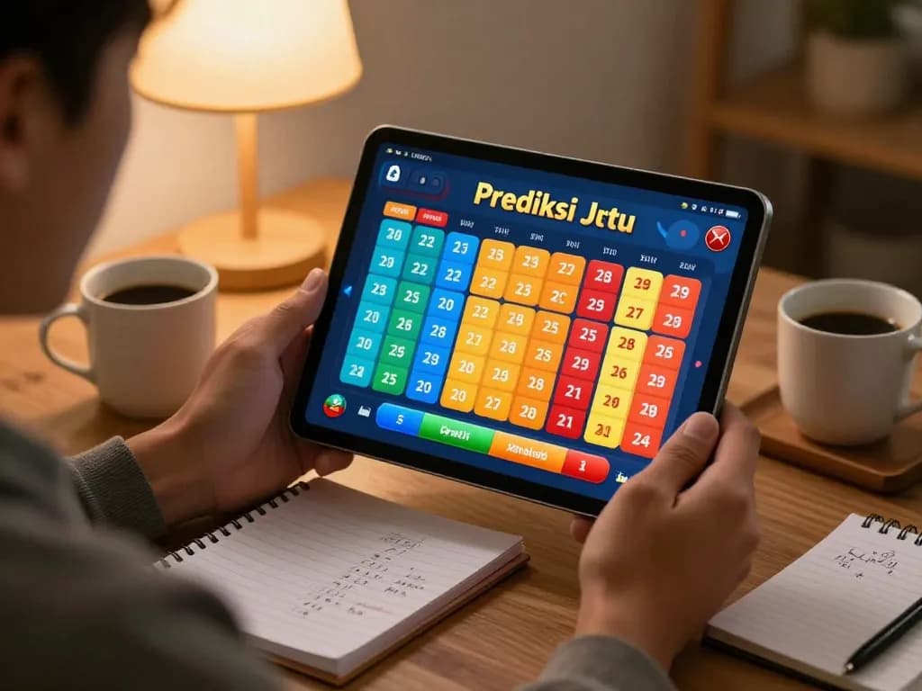 Player examining Prediksi Jitu results on tablet while enjoying cozy gaming setup at home