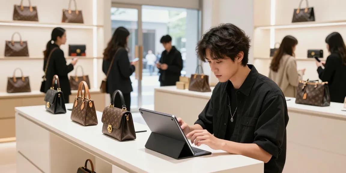Browsing high-quality 레플리카 products in a modern retail environment, stylish shopper engaged with luxury replicas.