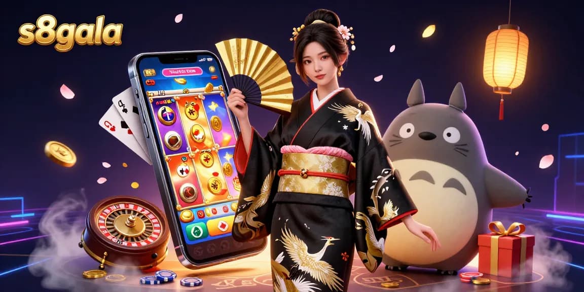 S8gala showcases a vibrant online casino scene with an elegant woman, tanuki, and dynamic slot game elements.