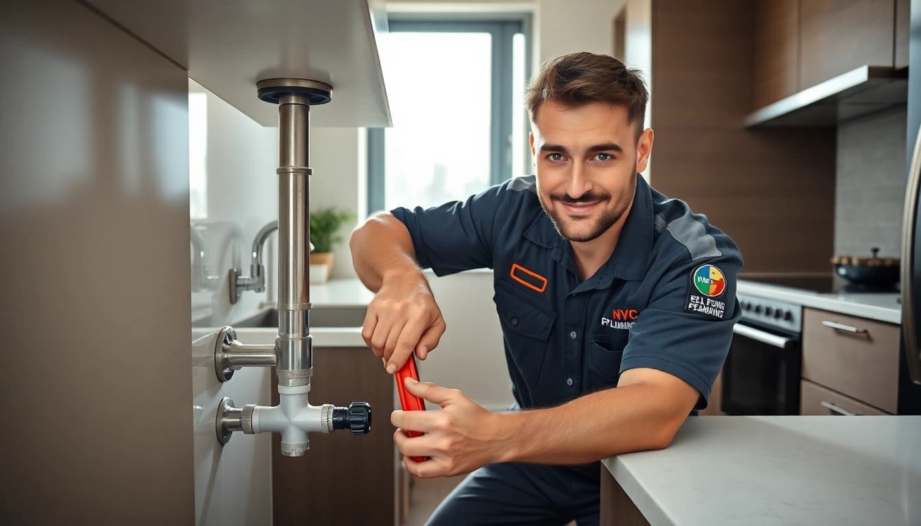 NYC emergency plumber & sewer fixing a burst pipe in a modern kitchen, highlighting urgency and professionalism.