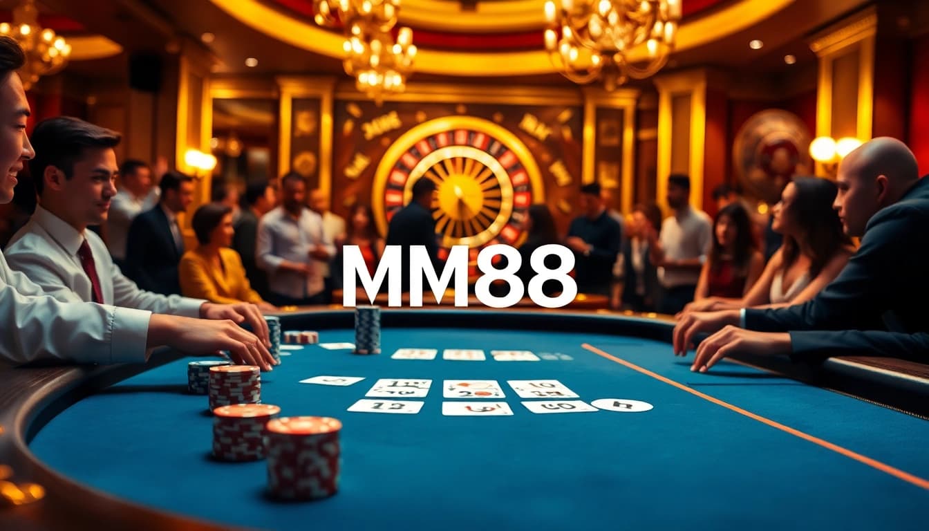 Exciting casino atmosphere with MM88 branding, showcasing poker and roulette with professional players.