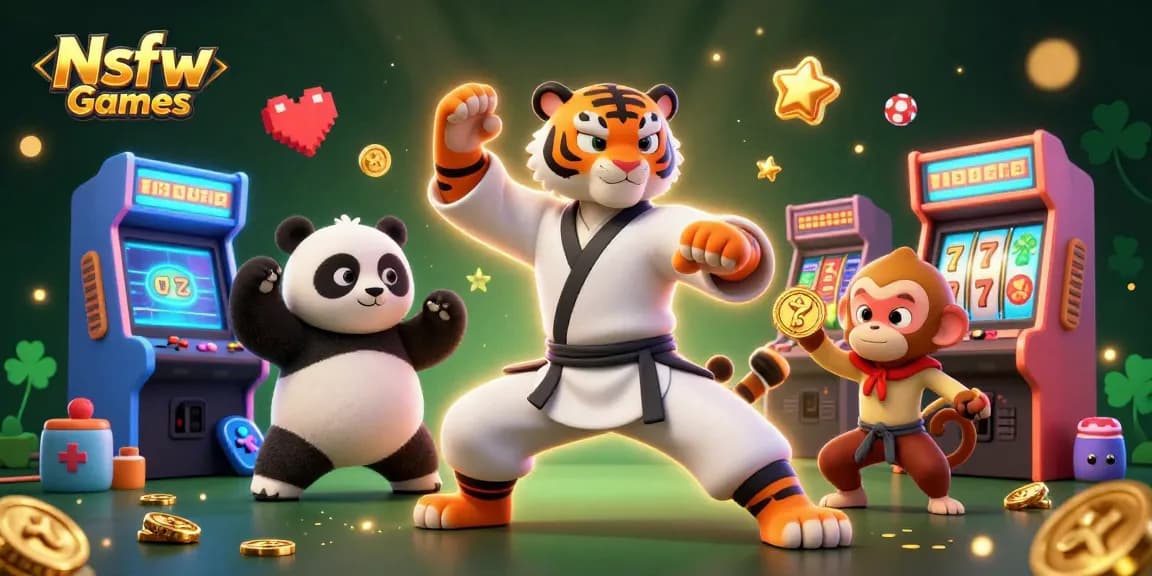 Nsfw Games featuring a kung fu tiger amid slot machines, showcasing vibrant casino elements and action.
