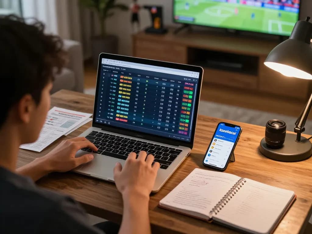 Engaged individual analyzing keonhacai odds on laptop while planning betting strategies in a cozy home setup.