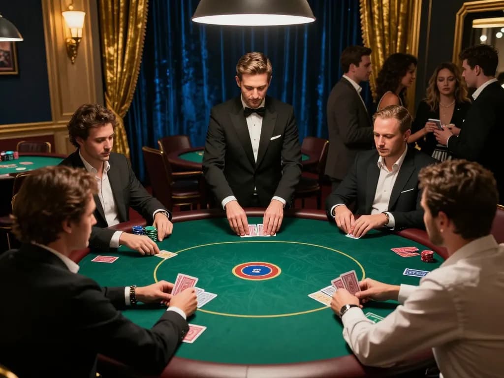 Players strategizing in a high-stakes poker game at 789bet's luxurious casino.