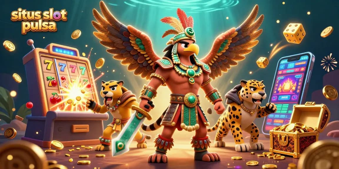 Situs slot pulsa showcases thrilling gameplay with Aztec warriors and vibrant slot elements.