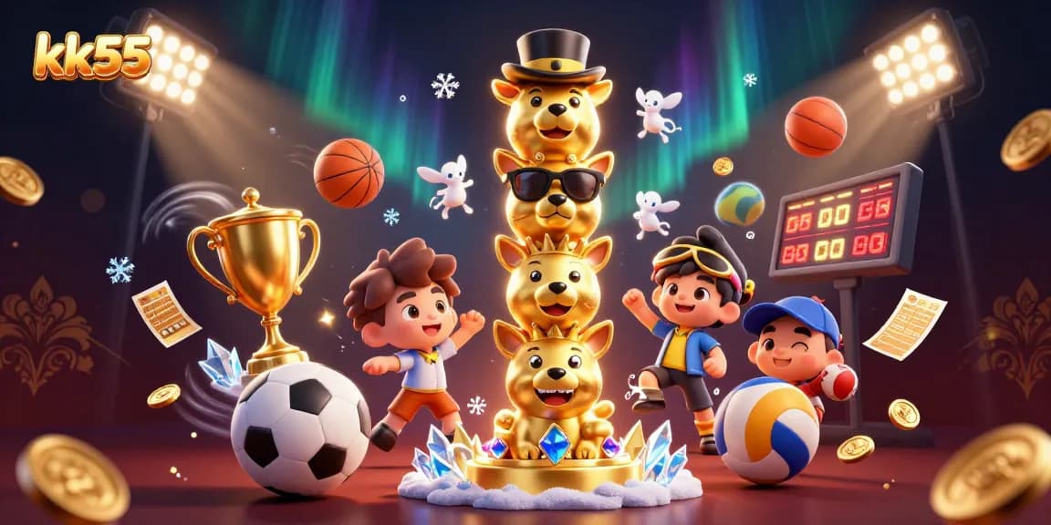 Engage with kk55's vibrant casino experience featuring dynamic sports elements and a golden totem pole.