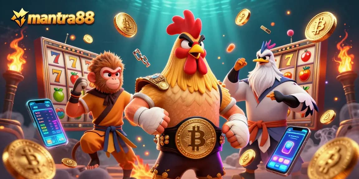 Engage with mantra88’s exciting slots and jackpots featuring vibrant casino characters and crypto elements.