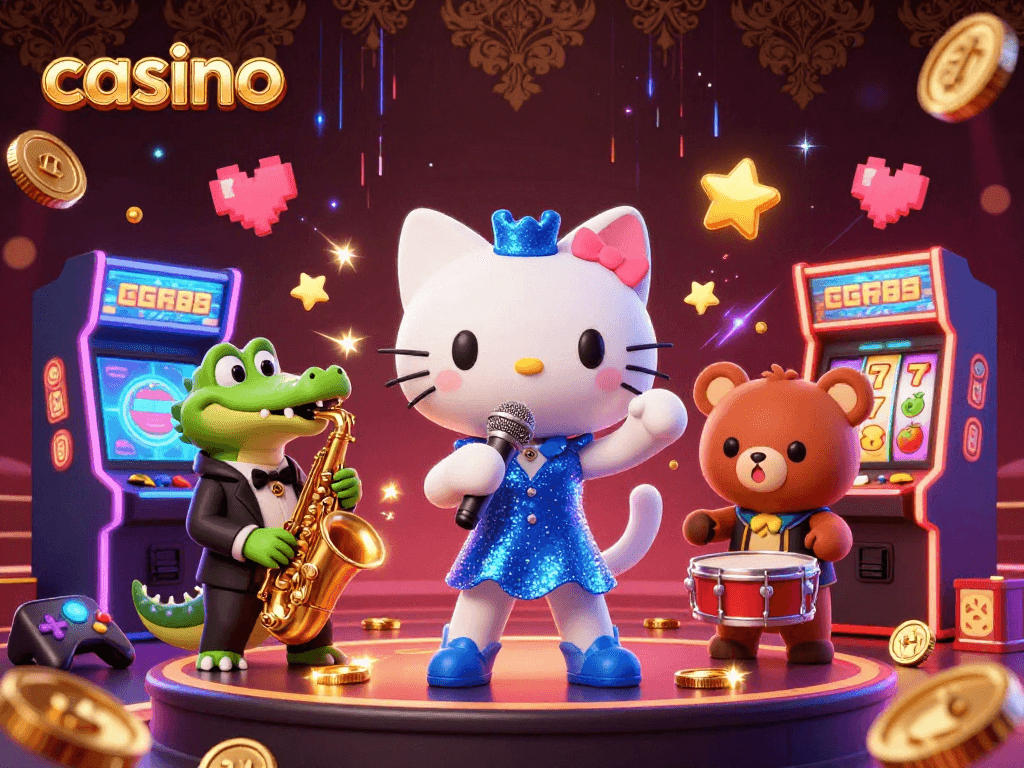 Engage with the vibrant casino scene featuring a jazz-singer cat amidst animated slot machines.