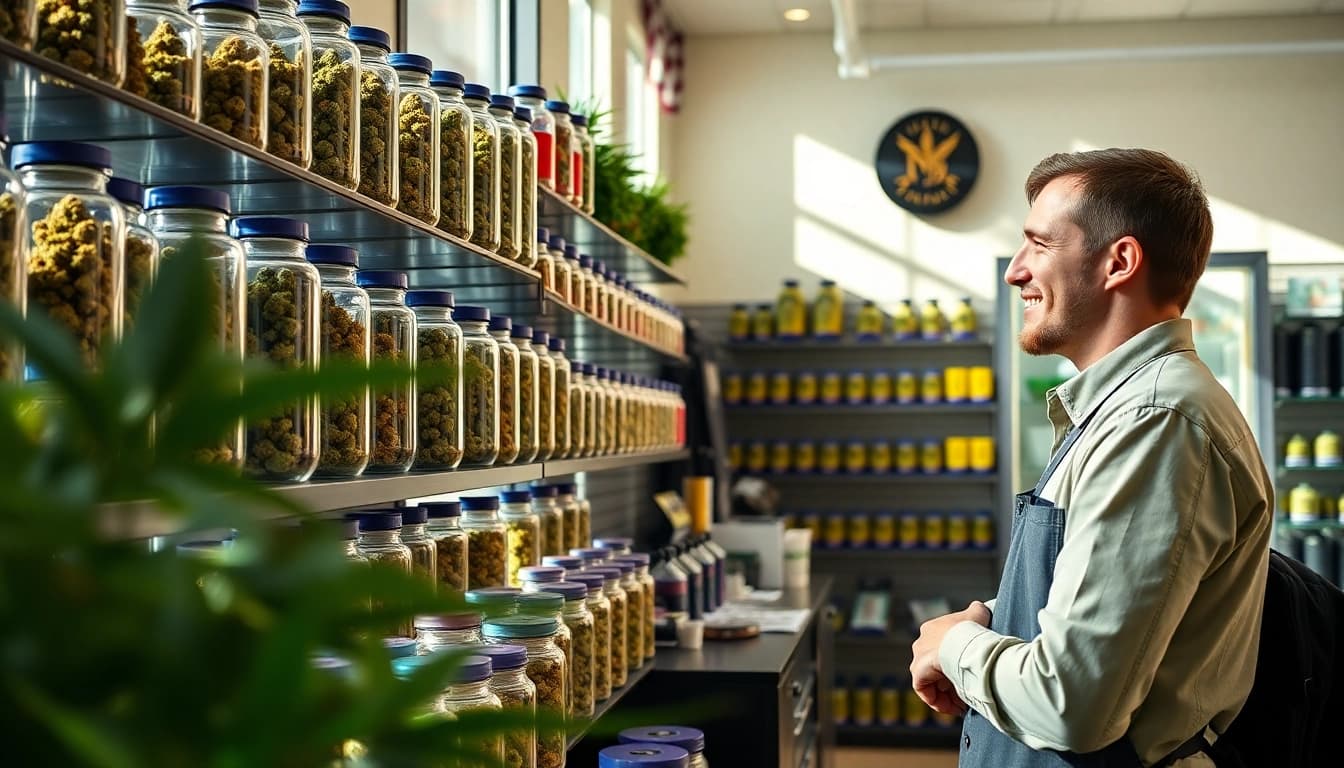 Cost for ounce of weed displayed attractively in a cannabis shop with vibrant colors.
