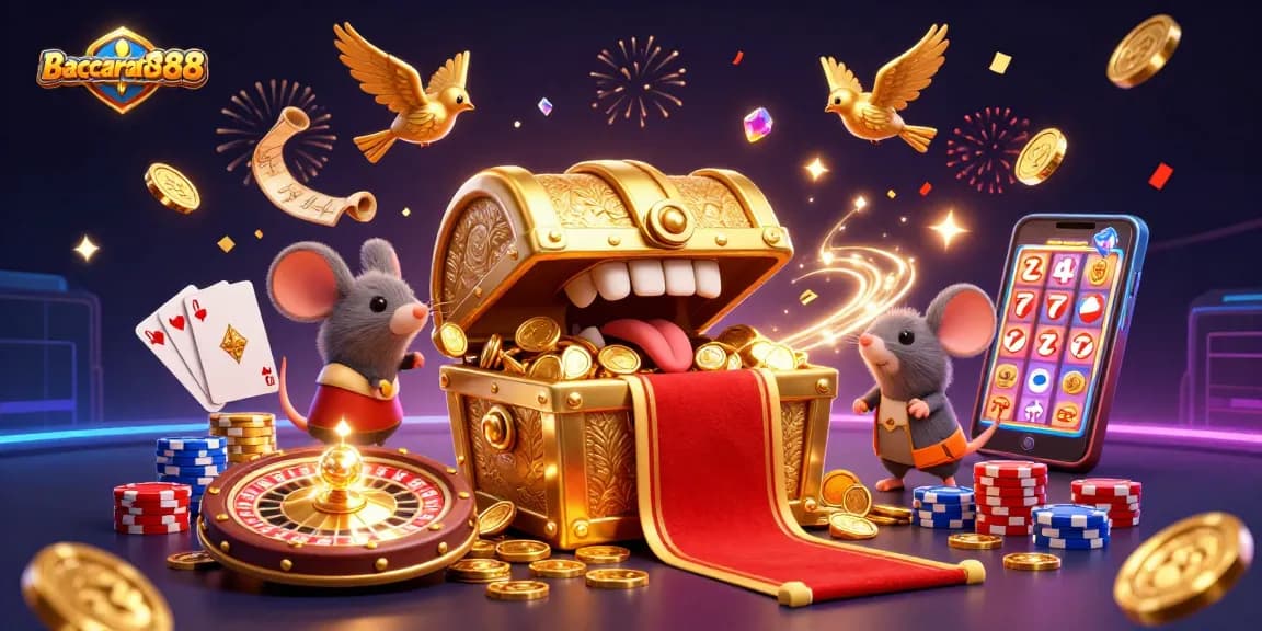 Experience the excitement of Baccarat888 with a vibrant 3D casino scene full of treasures and gaming elements.
