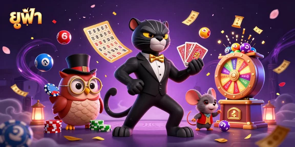 Spin the casino wheel with ยูฟ่า characters featuring a panther dealer, owl with chips, and lucky mouse.