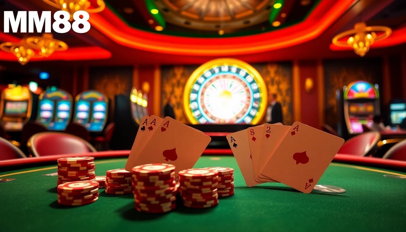 Action-packed gaming experience featuring MM88 poker table and roulette wheel.