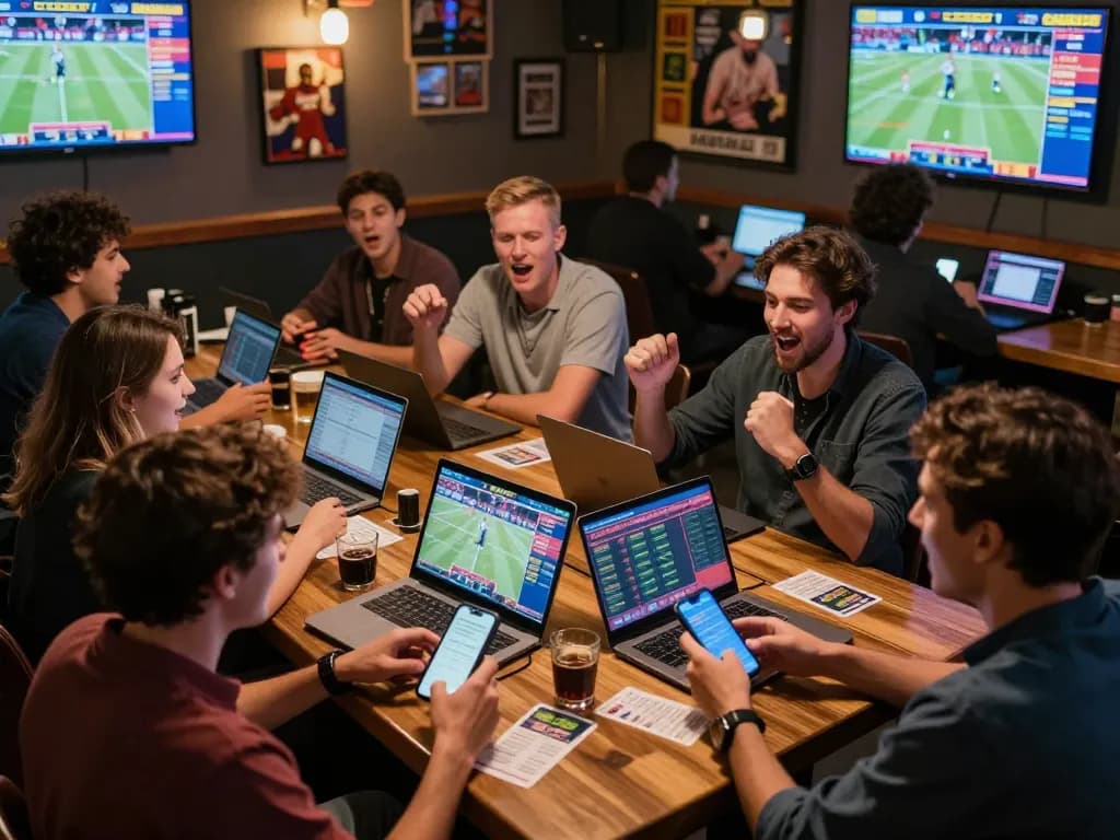 Betting enthusiasts use 92slot app during a live sports event, capturing exciting moments in a vibrant atmosphere.