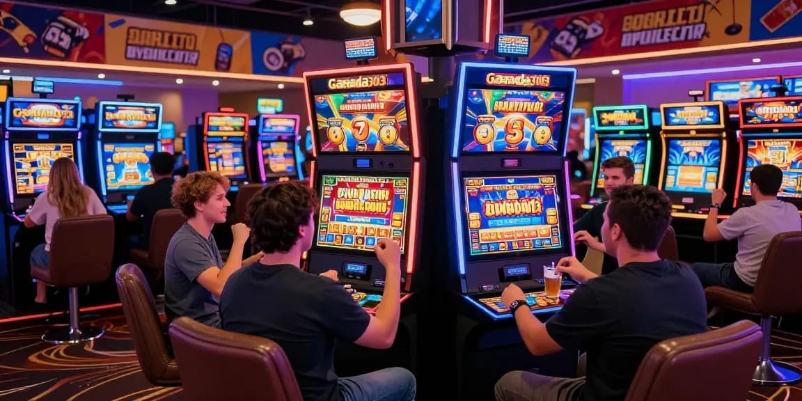 Excited players enjoying garuda303 slot games in a vibrant casino ambience with digital screens.