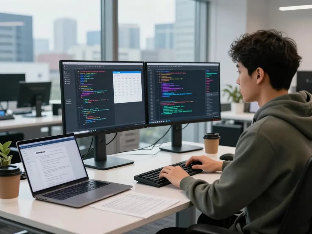 OpenClaw software development workspace with dual monitors, code, and documentation