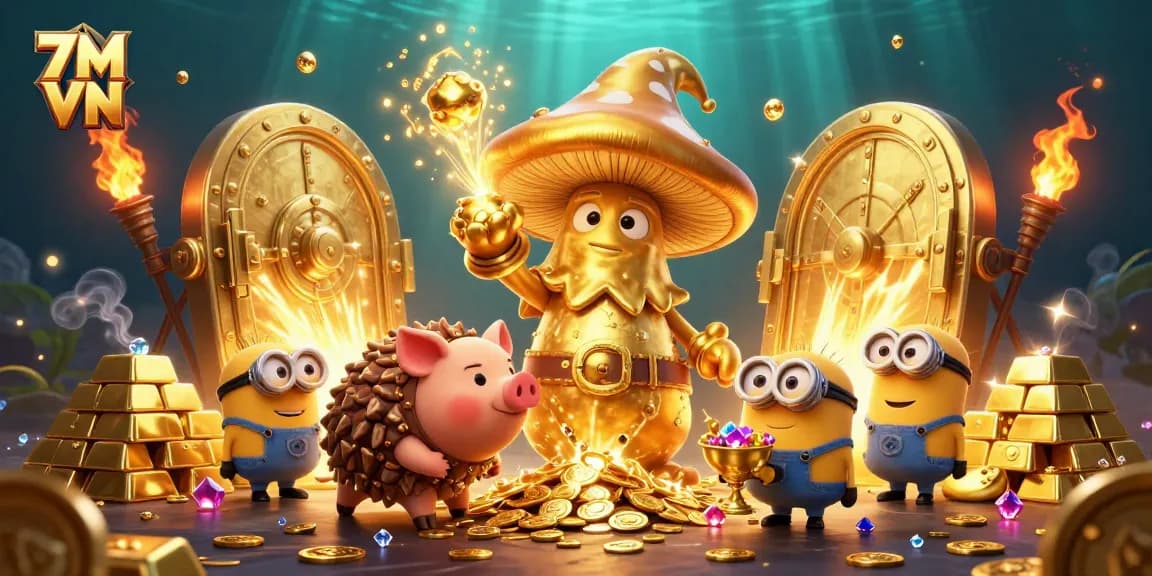 Engage with 7M VN's energetic gaming atmosphere featuring glowing treasures and wizards casting gold spells.