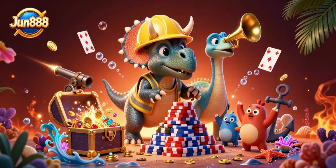 Join the excitement at Jun888 with a vibrant scene of a triceratops celebrating successful poker play amidst colorful casino elements.