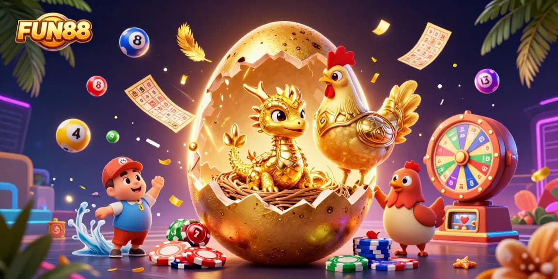 Bet on FUN88: A vibrant 3D illustration of a golden dragon guarding poker chips surrounded by dynamic winning symbols.