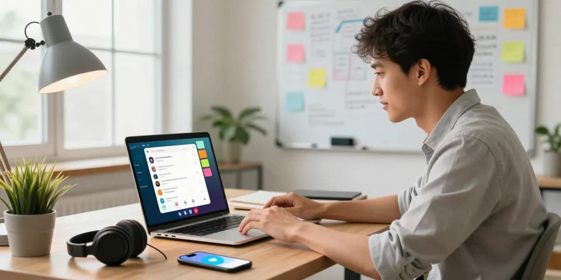 Engaged professional using telegram官网 on a laptop in a modern workspace, surrounded by productivity tools.