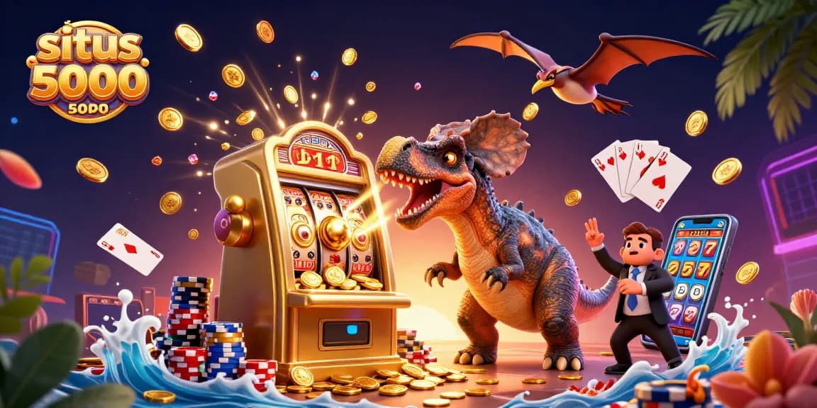 Situs depo 5000 menghadirkan jackpot menarik dengan dinosaurus kartun memukul mesin slot.