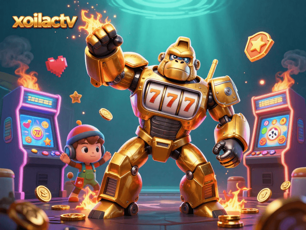 Engage with xoilactv's vibrant gaming world, featuring a dynamic mechanical gorilla mecha amidst arcade elements.