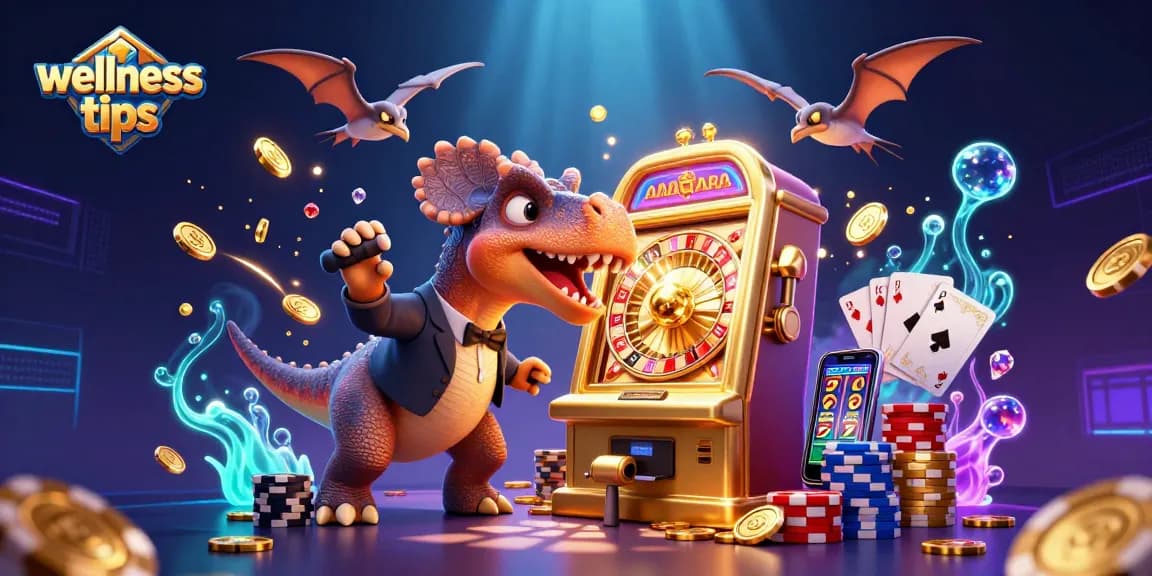 Engaging wellness tips for gamblers illustrated with 3D characters and vibrant casino elements.