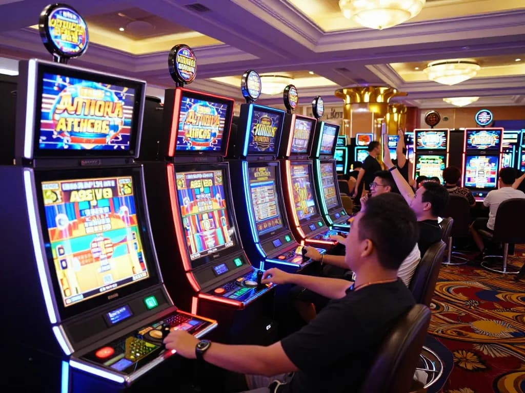 Players enjoying slot gacor games with vibrant machines and lively casino atmosphere.