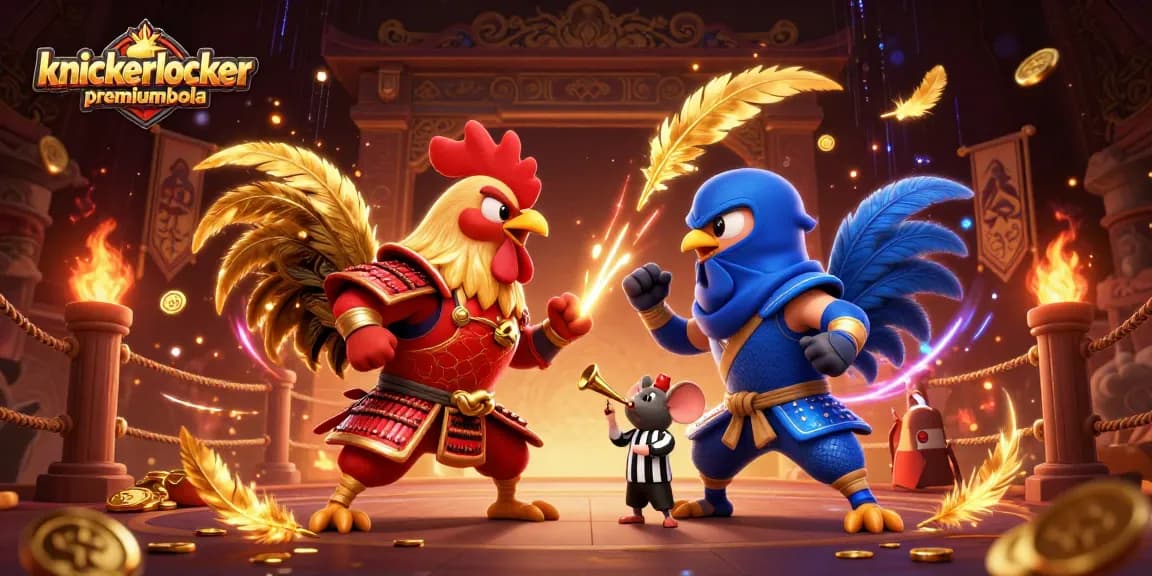 Experience the thrill of knickerlocker premiumbola with dynamic fighting roosters in a vibrant, interactive casino illustration.