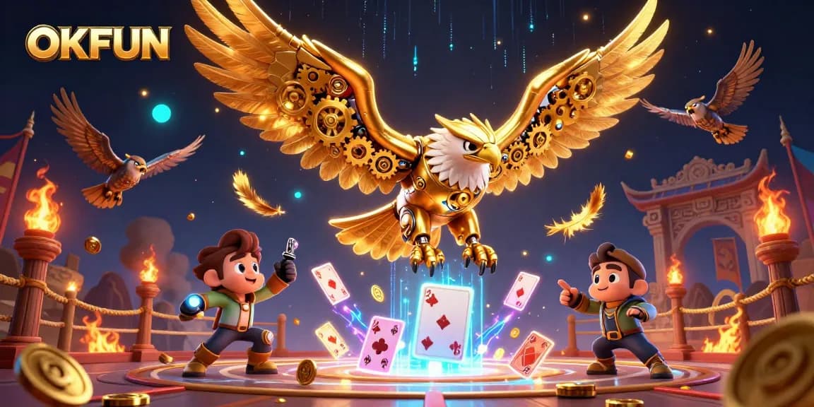Engage with OKFUN for thrilling casino action featuring cybernetic golden eagles and vibrant game elements.
