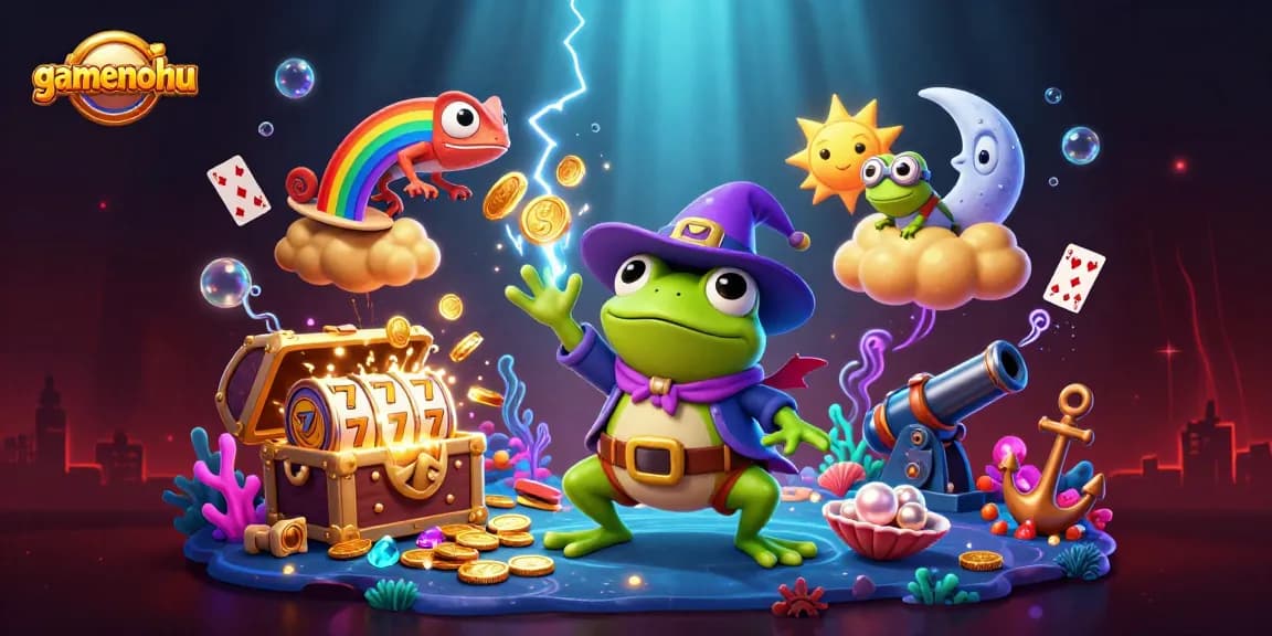 Experience the thrilling world of gamenohu with a vibrant scene of magical characters, golden coin storms, and slot elements.