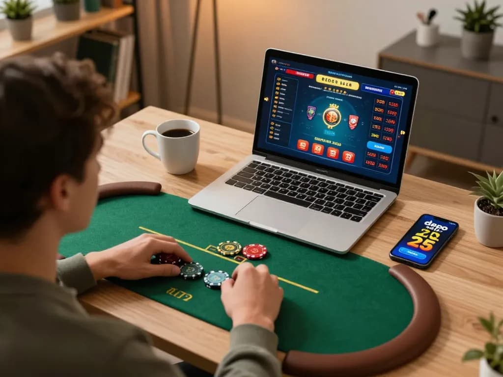 Engage in exciting poker gameplay online with the depo 25 bonus 25 promotion showing on the screen.