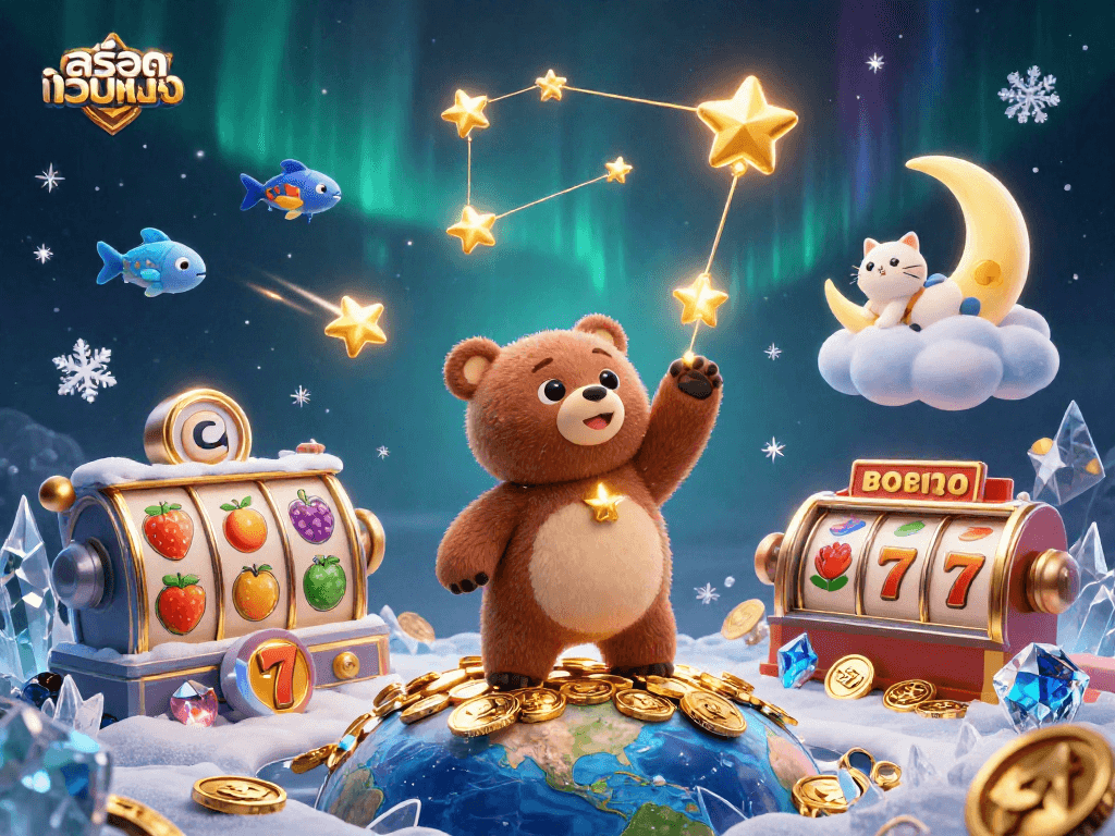 Engage with สล็อตเว็บตรง in a vibrant casino scene featuring a constellation bear and dynamic slot reels.
