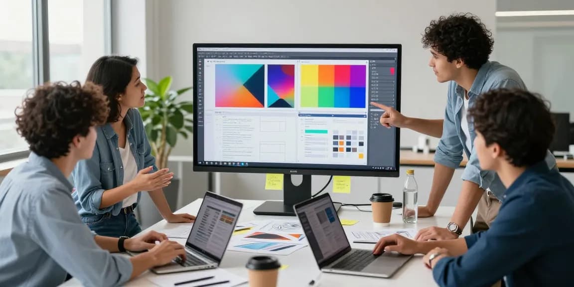 Team collaborating on mixboard ai project in vibrant office with moodboards and tech.