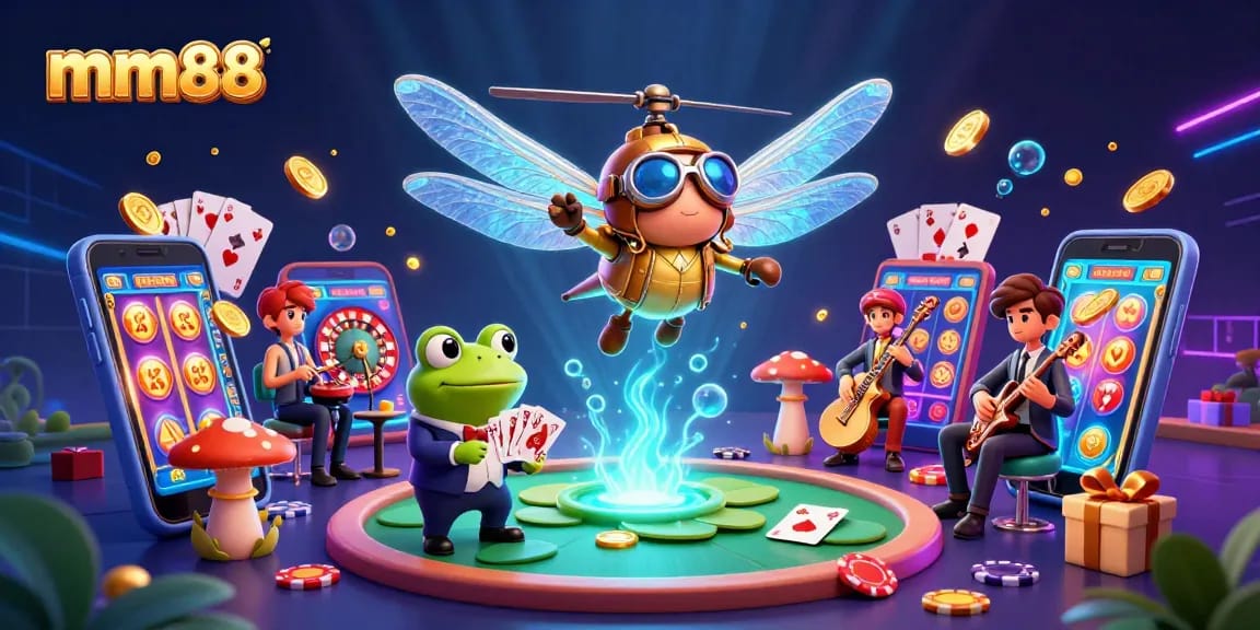 Experience high-stakes excitement with mm88 at a vibrant lily pad casino with dynamic characters and lively elements.