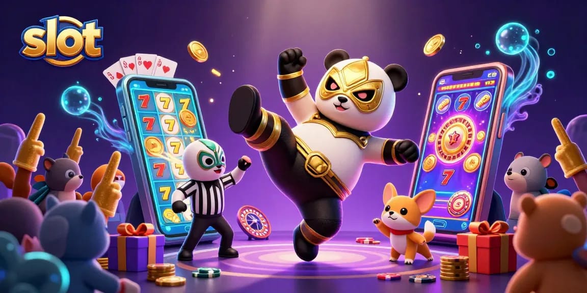 Experience thrilling slot action with a dynamic panda wrestler, showcasing vibrant casino elements.