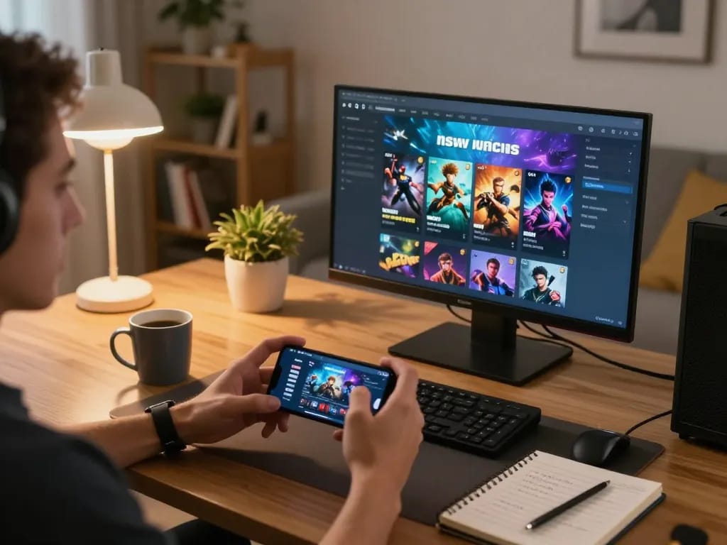 Person playing nsfw games mod on smartphone in cozy home setting with gaming strategies