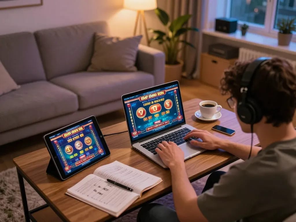 Engaging in slot depo 10k online gaming from a cozy home environment, showcasing a strategic gambling setup.