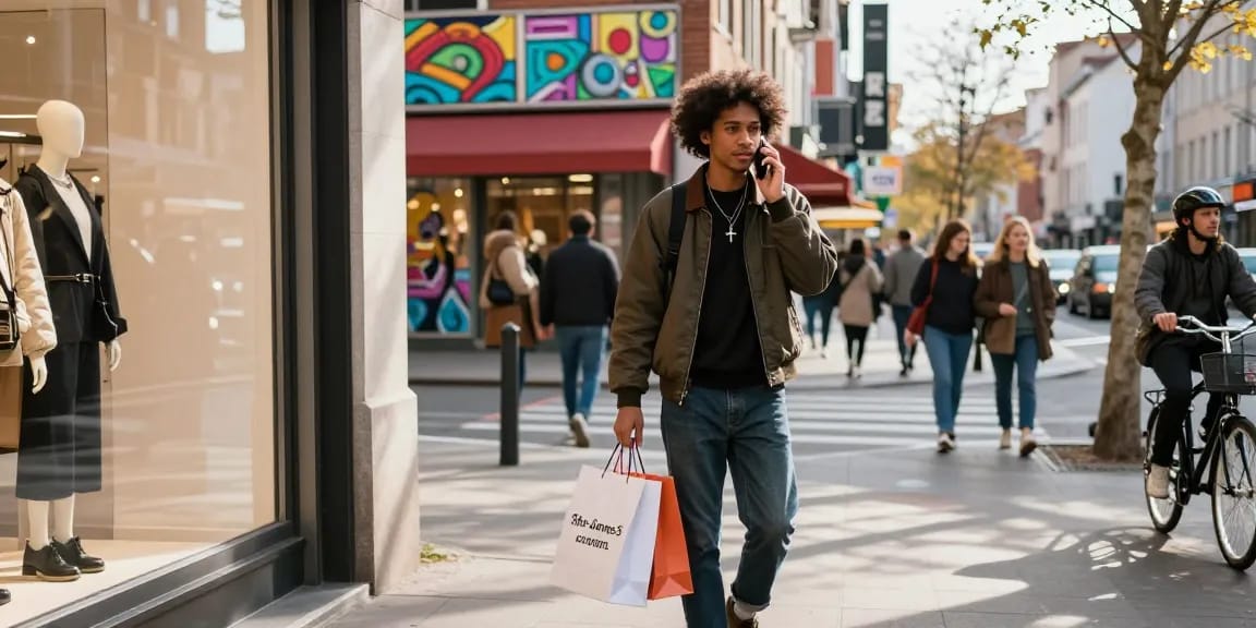 Trendy shopper showcasing apparel from https://shs-dome5.com/ in a vibrant urban setting.