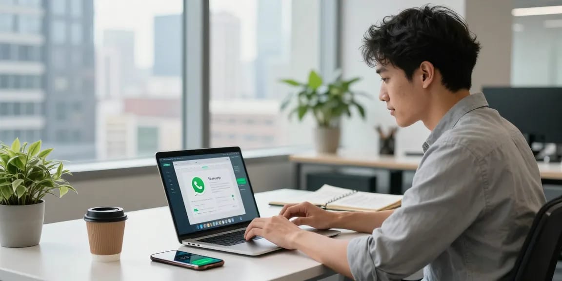 Professional workspace with WhatsApp電腦版 on laptop, smartphone notifications, and bright city skyline.