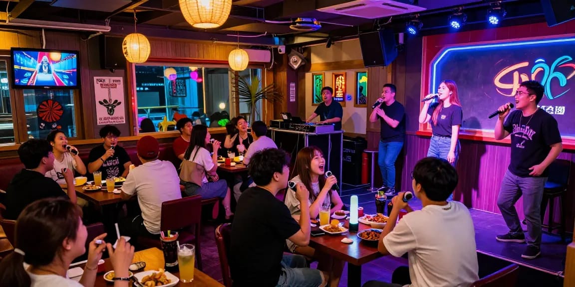 A lively Jeju karaoke bar scene showcasing 제주유흥 with guests enjoying vibrant nightlife and colorful atmosphere.