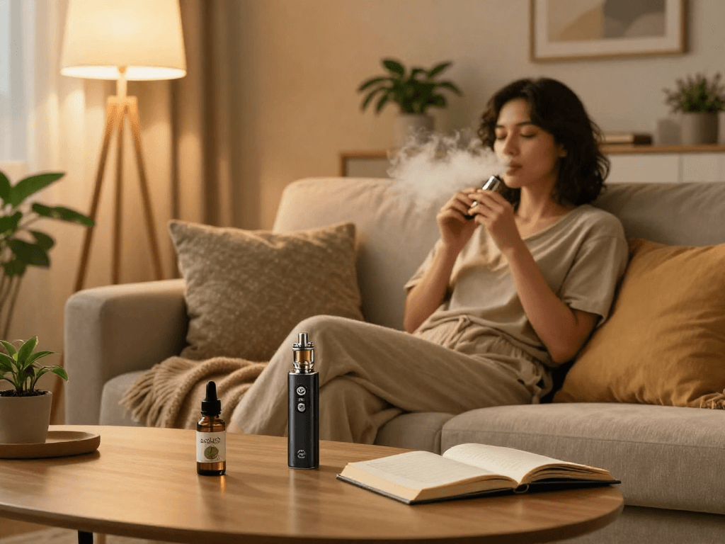 packman weed vape device in peaceful living room with CBD oil, relaxed atmosphere, natural wellness.